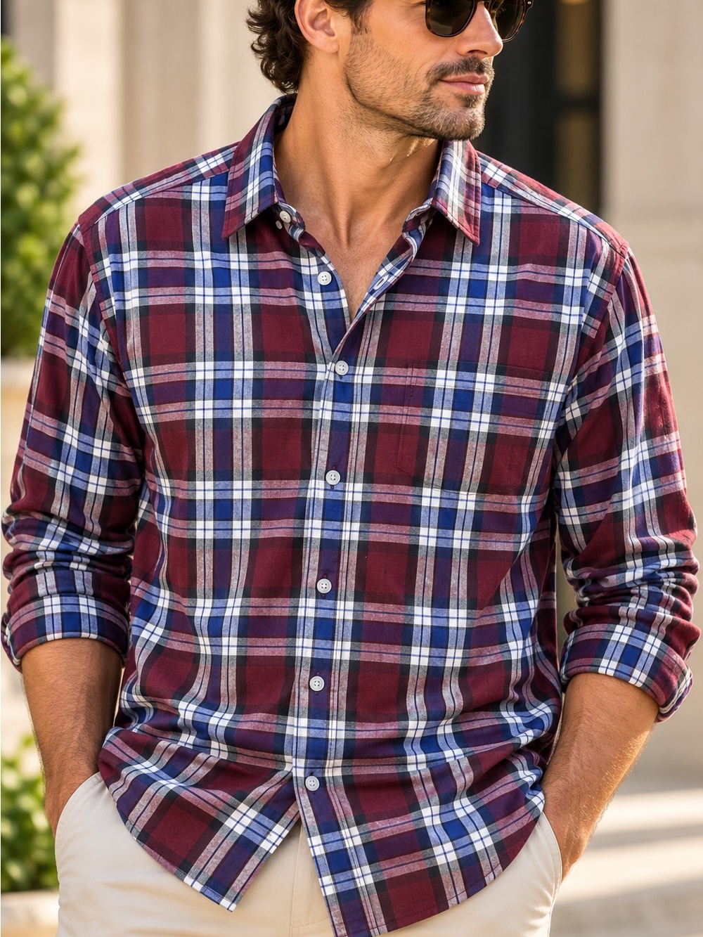 UNTUCKit Larson Flannel Plaid Button Down Shirt Burgundy Navy XL #793